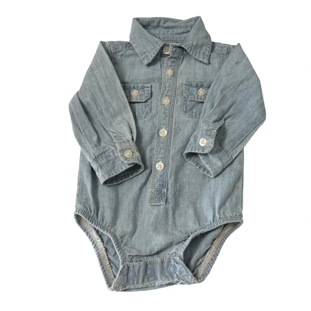 OshKosh Bgosh Baby Chambray Button Down Shirt Bodysuit Blue 6M Long Sleeve